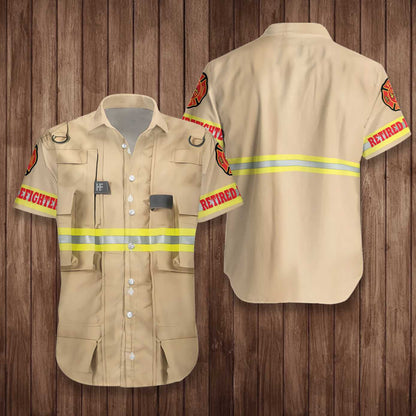Proud Retired Firefighter On Tan Design Hawaiian Shirt,Hawaiian Shirt Gift, Christmas Gift
