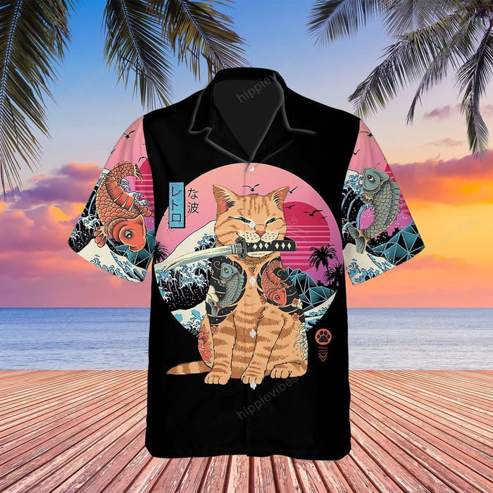 Cute Cat With Samurai Catana Hawaiian Shirt,Hawaiian Shirt Gift, Christmas Gift