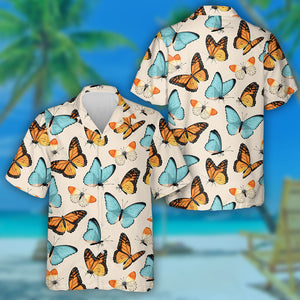 Yellow And Blue Butterflies On A White Background Hawaiian Shirt, Hawaiian Shirt Gift, Christmas Gift