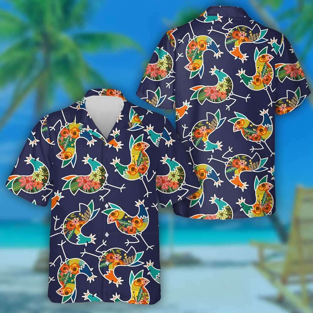 Floral Special Chicken On Dark Blue Background Hawaiian Shirt, Hawaiian Shirt Gift, Christmas Gift
