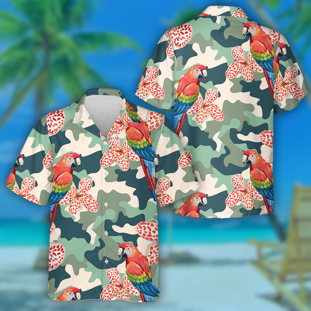 Péinteáil Trendy ar Bhláthanna Parrot Chanaigh ar Chúlra Camo Léine Haváíais, Bronntanas Léine Haváíais, Bronntanas Nollag