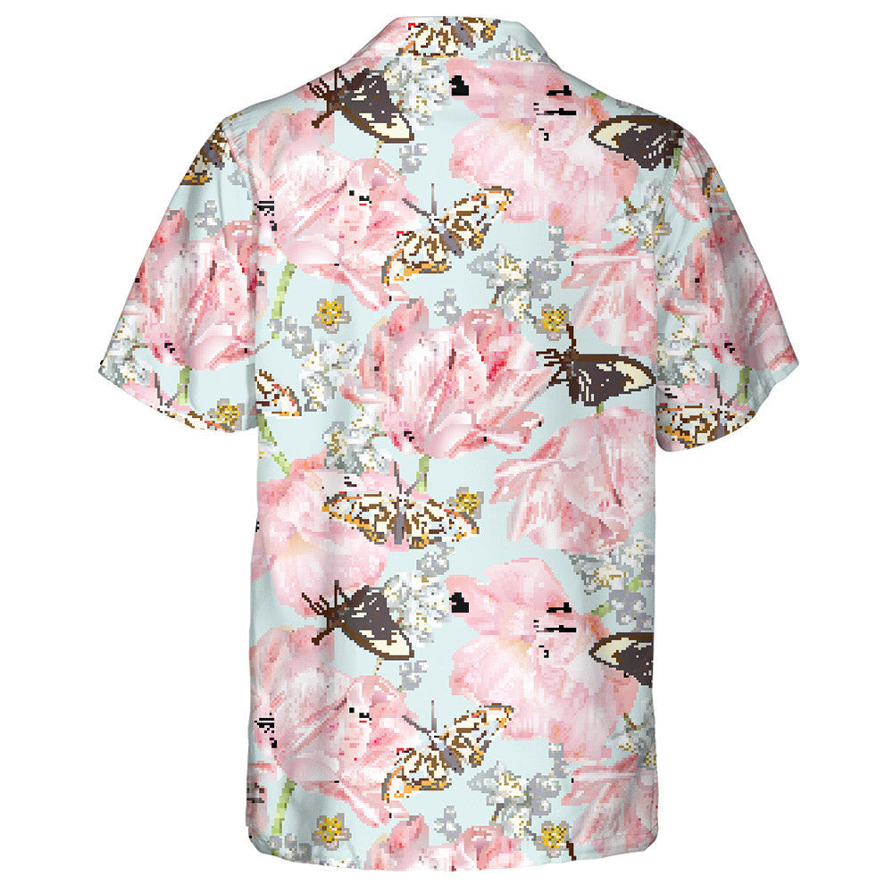Theme Butterfly With Pink Tulips And Daisies Hawaiian Shirt, Hawaiian Shirt Gift, Christmas Gift