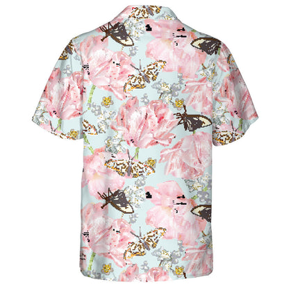 Theme Butterfly With Pink Tulips And Daisies Hawaiian Shirt, Hawaiian Shirt Gift, Christmas Gift