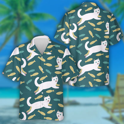 Cartoon White Cat And Fishes On Green Hawaiian Shirt, Hawaiian Shirt Gift, Christmas Gift