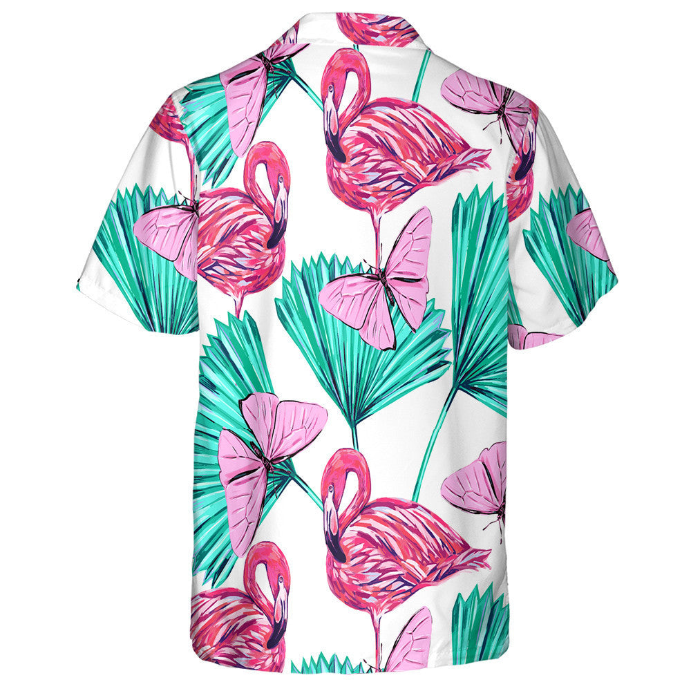 Beautiful Flaminggo With Tropical Palm And Butterfly Hawaiian Shirt, Hawaiian Shirt Gift, Christmas Gift