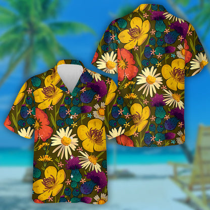 Retro Yellow Orange Blue Wildflowers Field Hawaiian Shirt,Hawaiian Shirt Gift, Christmas Gift