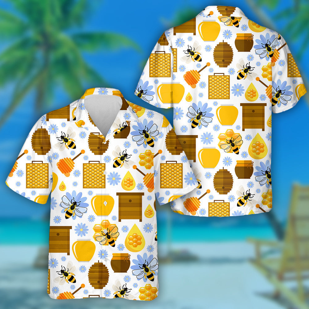 Natural Summer Blue Flowers Bees And Honey Hawaiian Shirt, Hawaiian Shirt Gift, Christmas Gift