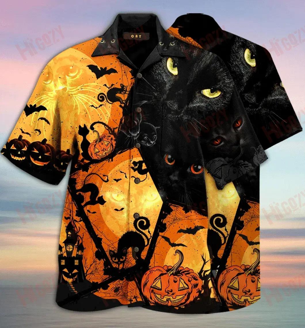 Black Cat Halloween Short Sleeve Shirt Summer Hawaiian T Shirts Vintage Hawaiian Shirts Hawaiian Shirts For Men, Hawaiian Shirt Gift, Christmas Gift