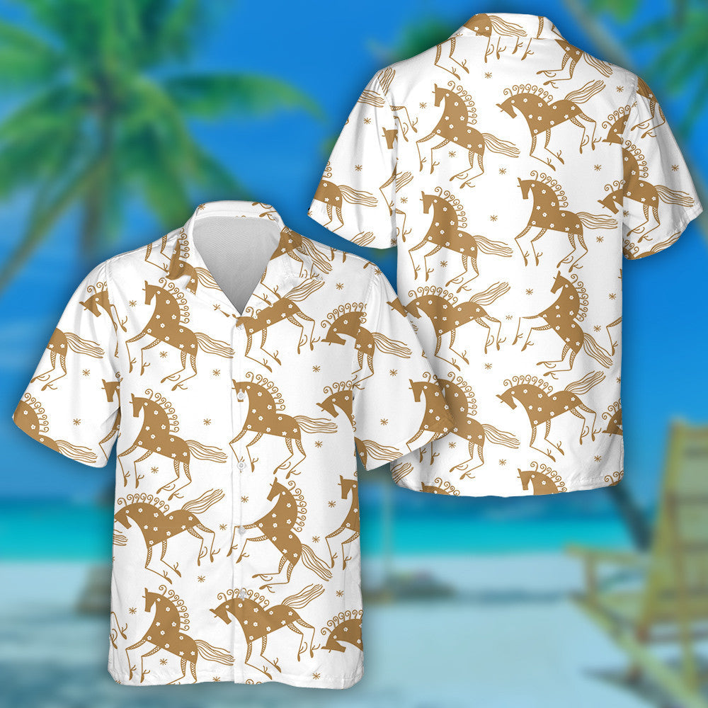 Gold Horses And White Flower On White Hawaiian Shirt, Hawaiian Shirt Gift, Christmas Gift
