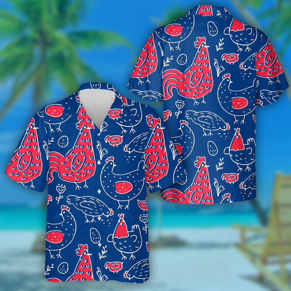 Chicken And Rooster With Egg On Blue Background Hawaiian Shirt, Hawaiian Shirt Gift, Christmas Gift