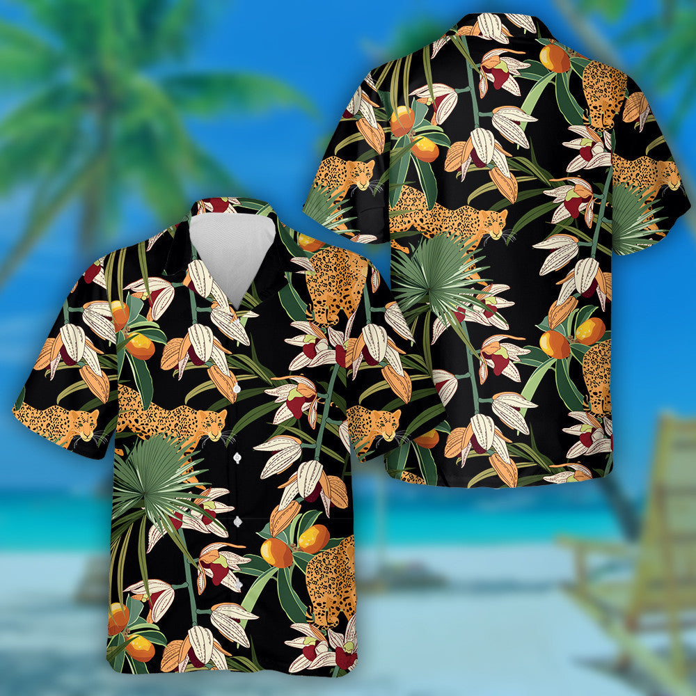 Leopards Animals Tropical Leaves And Orchid Flowers Hawaiian Shirt, Hawaiian Shirt Gift, Christmas Gift