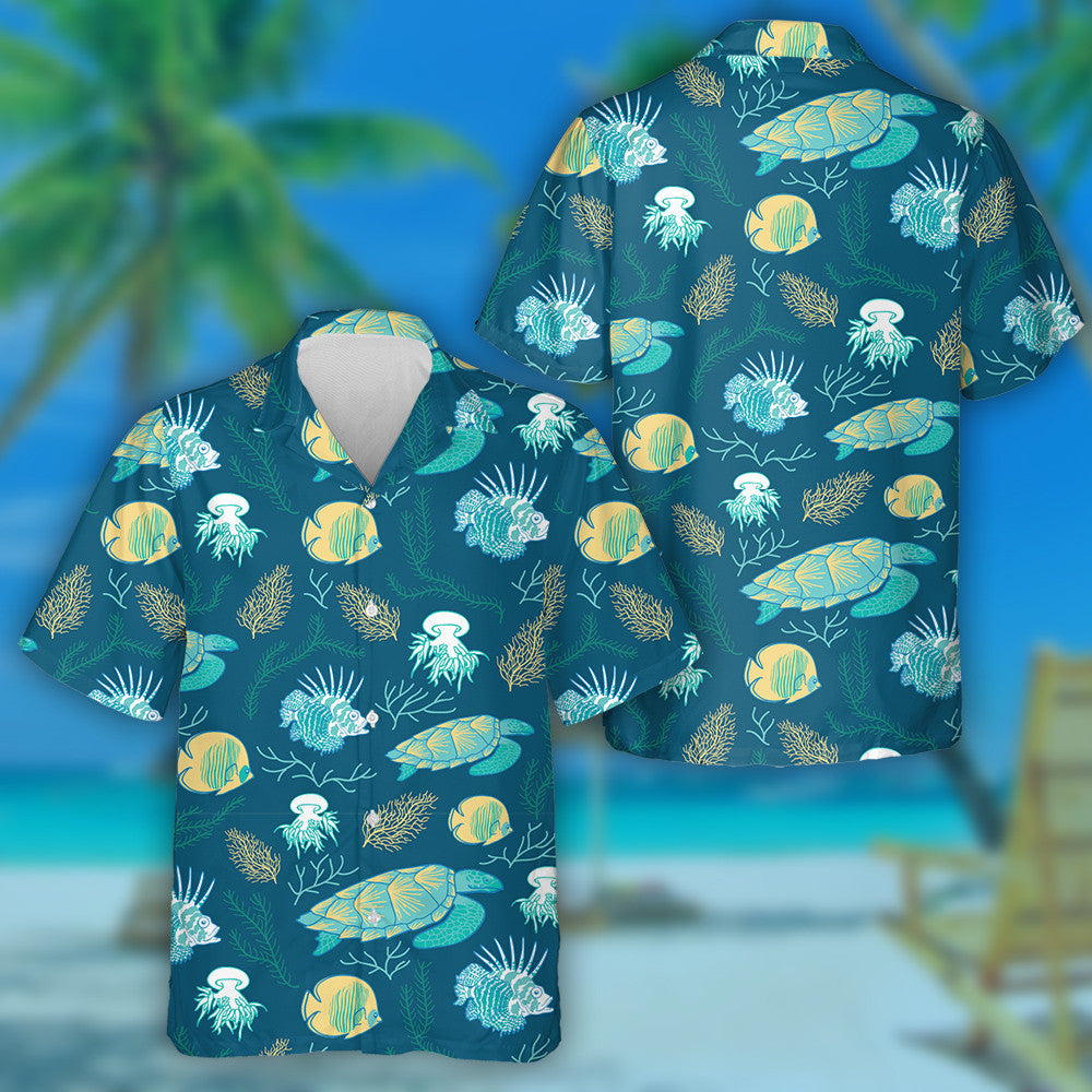 Fire Fish Turtle Jellyfish And Corals Hawaiian Shirt,Hawaiian Shirt Gift, Christmas Gift