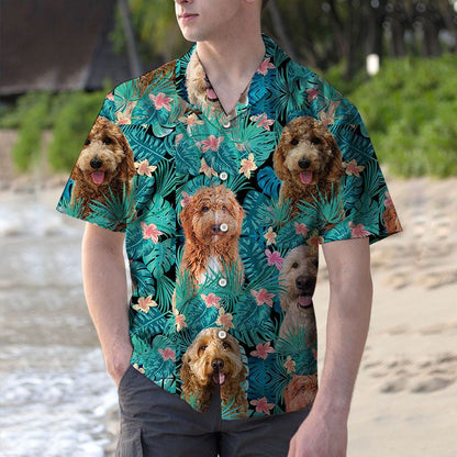 Lovely Goldendoodle In Tropical Leaves Jungle Pattern Hawaiian Shirt, Hawaiian Shirt Gift, Christmas Gift
