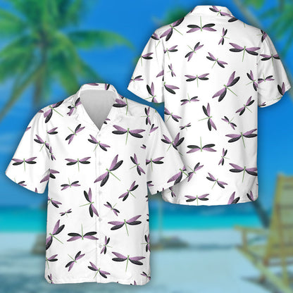 Colorful Flying Water Dragonfly On White Hawaiian Shirt, Hawaiian For Gift