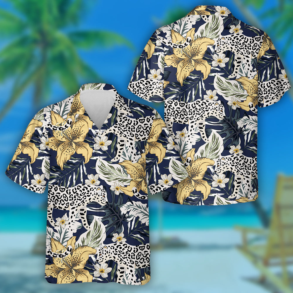 Bláthanna Lily Ainmhithe Liopard Teochriosach Agus Duilleoga Pailme Léine Haváís, Bronntanas Léine Haváís, Bronntanas Nollag