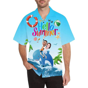 Hello Summer Funny Couple Riding Dolphin Custom Photo Hawaiian Shirt, Hawaiian Shirt Gift, Christmas Gift