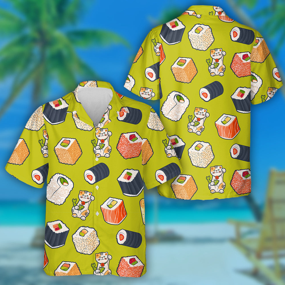Sushi Rolls And Lucky Cat With Fish Hawaiian Shirt, Hawaiian Shirt Gift, Christmas Gift