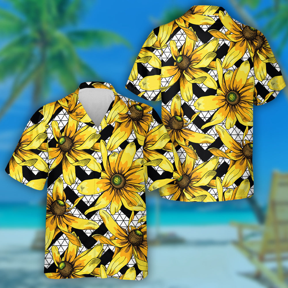 Image Of Yellow Heliopsis Sunflower On Geometric Background Hawaiian Shirt, Hawaiian Shirt Gift, Christmas Gift