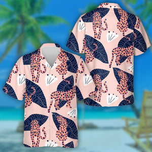 Wild Jungle African Leopard With Blue Leaves Hawaiian Shirt, Hawaiian Shirt Gift, Christmas Gift