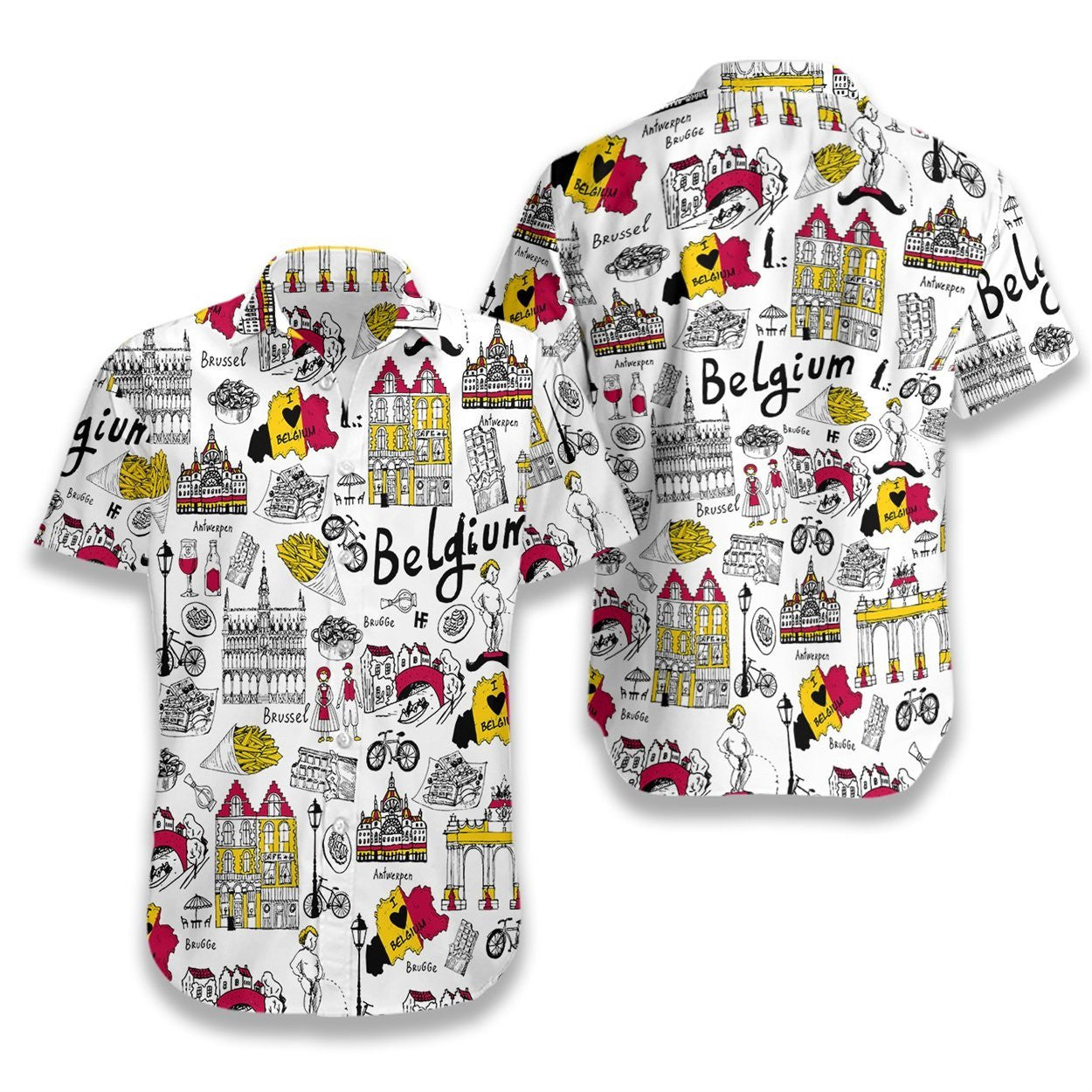 I Love Belgium Doodle Pattern Hawaiian Shirt, Hawaiian For Gift