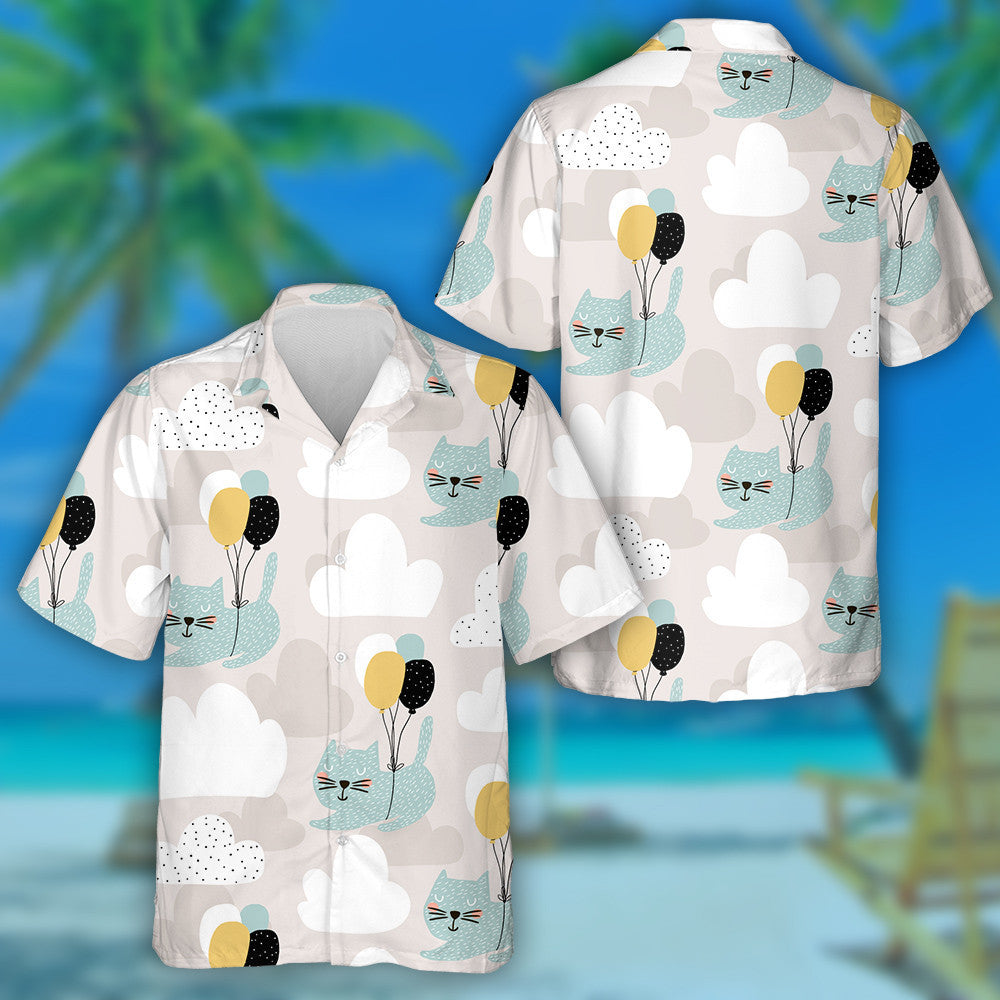Cute Cats Flying With Balloon And Cloud Hawaiian Shirt, Hawaiian Shirt Gift, Christmas Gift