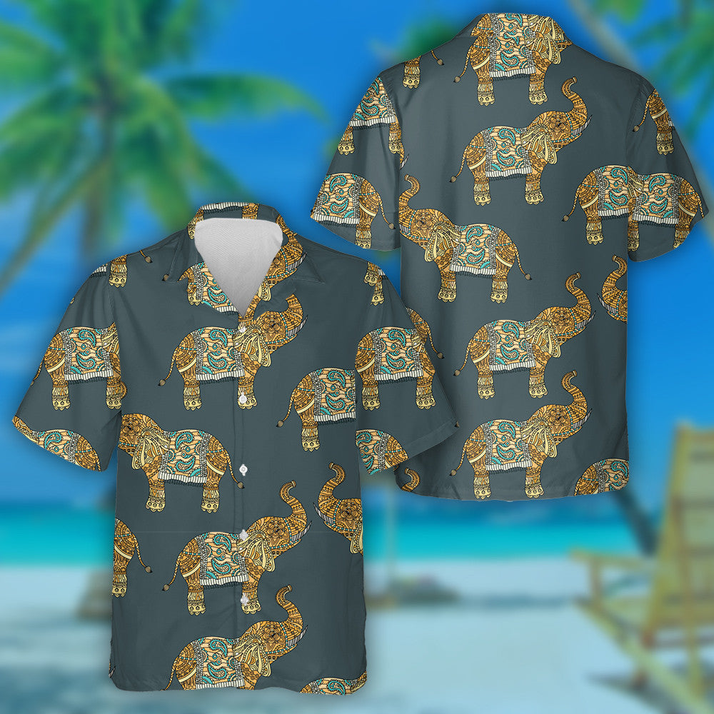 Tribal Style Gold Elephant On Gray Background Hawaiian Shirt, Hawaiian Shirt Gift, Christmas Gift