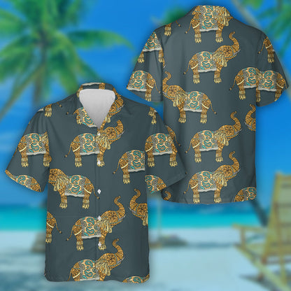 Tribal Style Gold Elephant On Gray Background Hawaiian Shirt, Hawaiian Shirt Gift, Christmas Gift