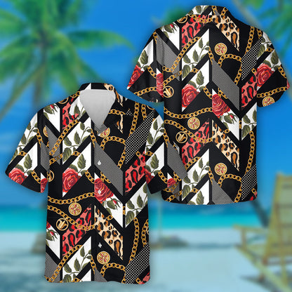 Roses Leopard Skin Dots And Chains Hawaiian Shirt,Hawaiian Shirt Gift, Christmas Gift
