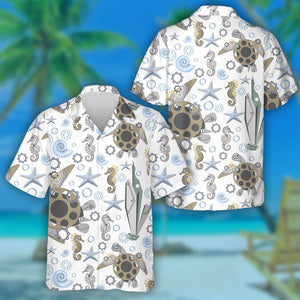 Abstract Sea Horses And Turtles Steampunk Style Hawaiian Shirt, Hawaiian Shirt Gift, Christmas Gift