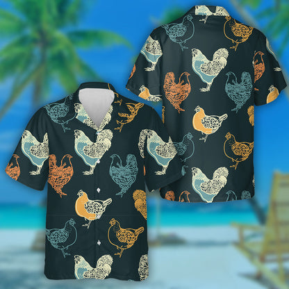 Cocks And Chicken On Retro Black Background Hawaiian Shirt, Hawaiian Shirt Gift, Christmas Gift