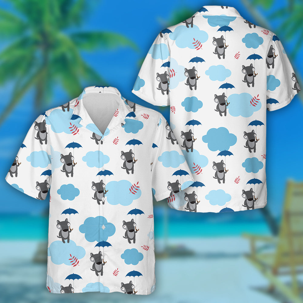 Cute Cartoon Wolf Umbrellas Clouds And Leaves Hawaiian Shirt, Hawaiian Shirt Gift, Christmas Gift