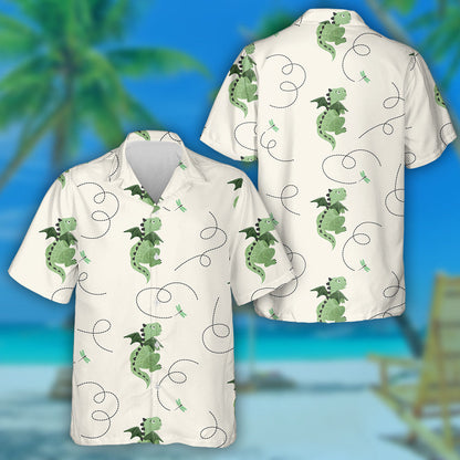 Little Cartoon Green Dragon And Dragonfly Hawaiian Shirt, Hawaiian For Gift