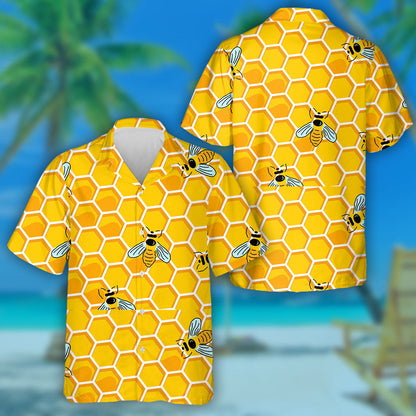 Natural Summer Bee With Honey And Honeycomb Hawaiian Shirt, Hawaiian Shirt Gift, Christmas Gift