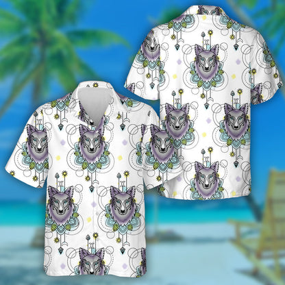 Characters Wolf And Geometric Elements On White Hawaiian Shirt, Hawaiian Shirt Gift, Christmas Gift
