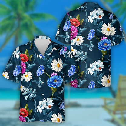 Poppy Flowers Chamomile Branch With Ladybug Pattern Hawaiian Shirt, Hawaiian Shirt Gift, Christmas Gift