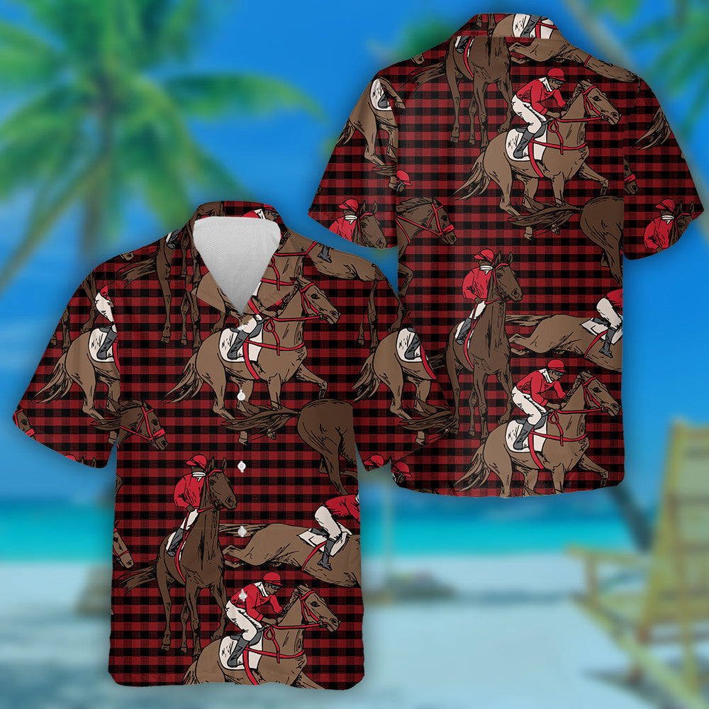 The Running Beautiful Horse And Rider On A Checkered Hawaiian Shirt, Hawaiian Shirt Gift, Christmas Gift