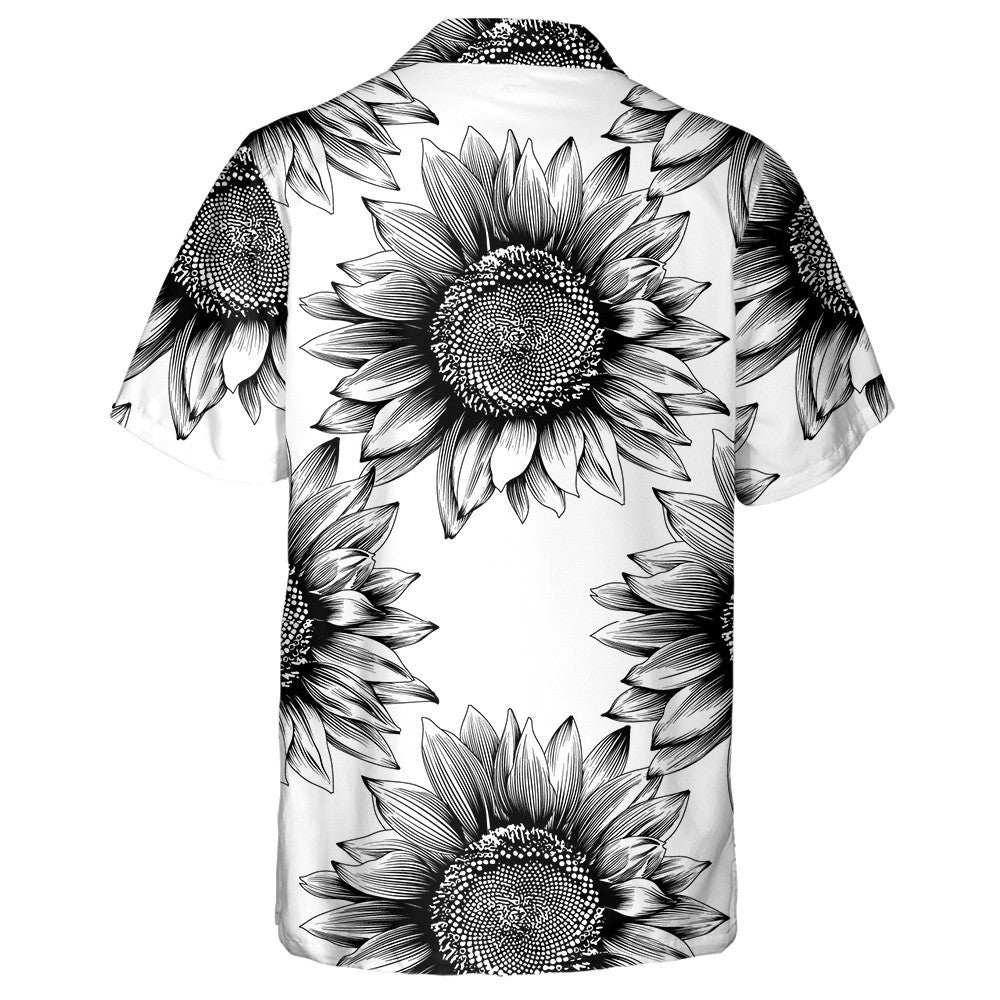 Black Sketch Art Of Sunflowers Blooming Pattern Hawaiian Shirt, Hawaiian Shirt Gift, Christmas Gift
