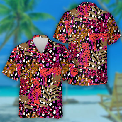 Leopard And Tiger Around Exotic Tropical Leaves Hawaiian Shirt, Hawaiian Shirt Gift, Christmas Gift