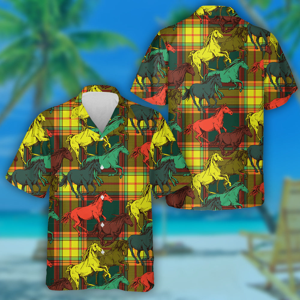The Bright Running Beautiful Horses On Checkered Hawaiian Shirt, Hawaiian Shirt Gift, Christmas Gift
