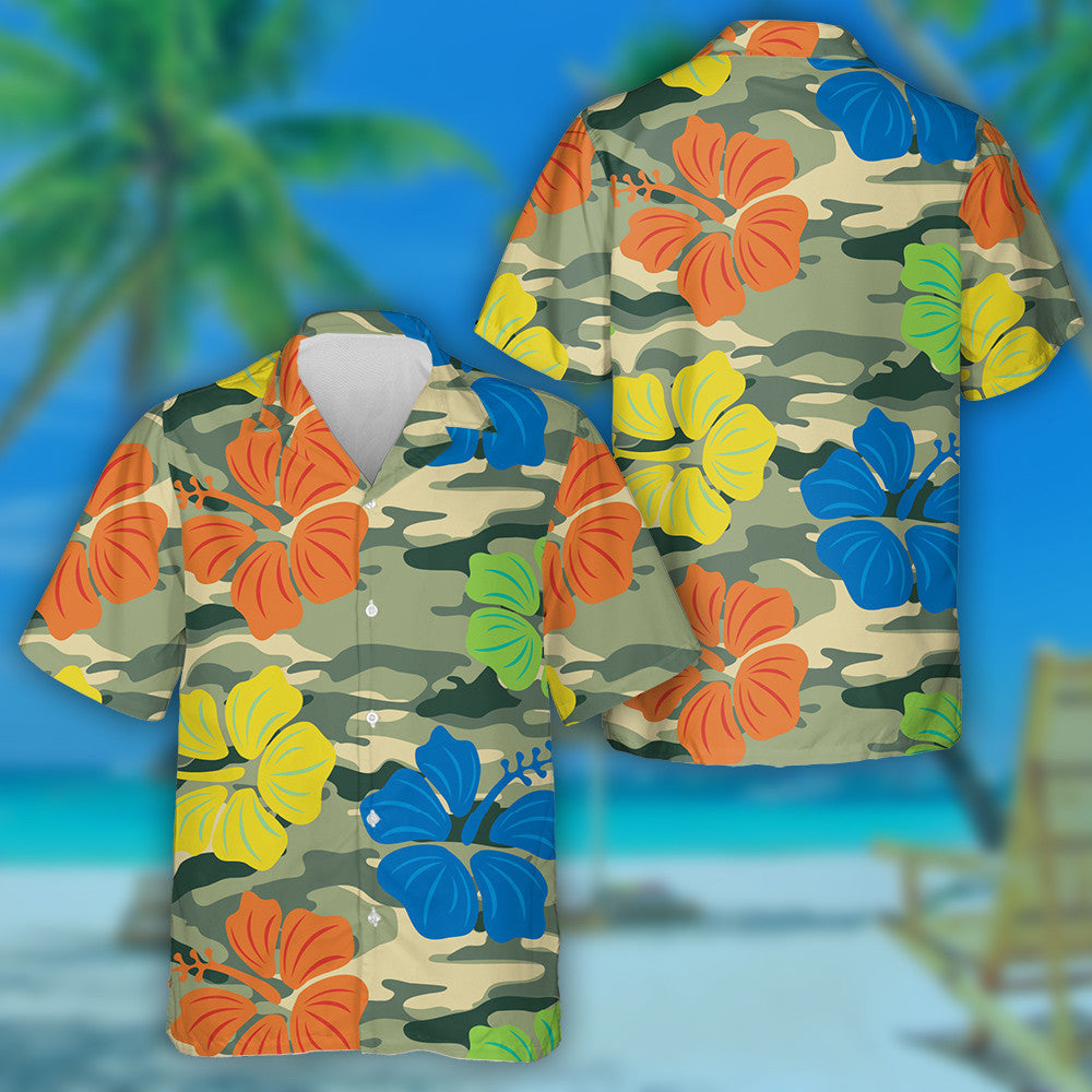 Vibrant Colorful Hibiscus On Green Camo Background Hawaiian Shirt, Hawaiian Shirt Gift, Christmas Gift
