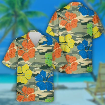 Vibrant Colorful Hibiscus On Green Camo Background Hawaiian Shirt, Hawaiian Shirt Gift, Christmas Gift