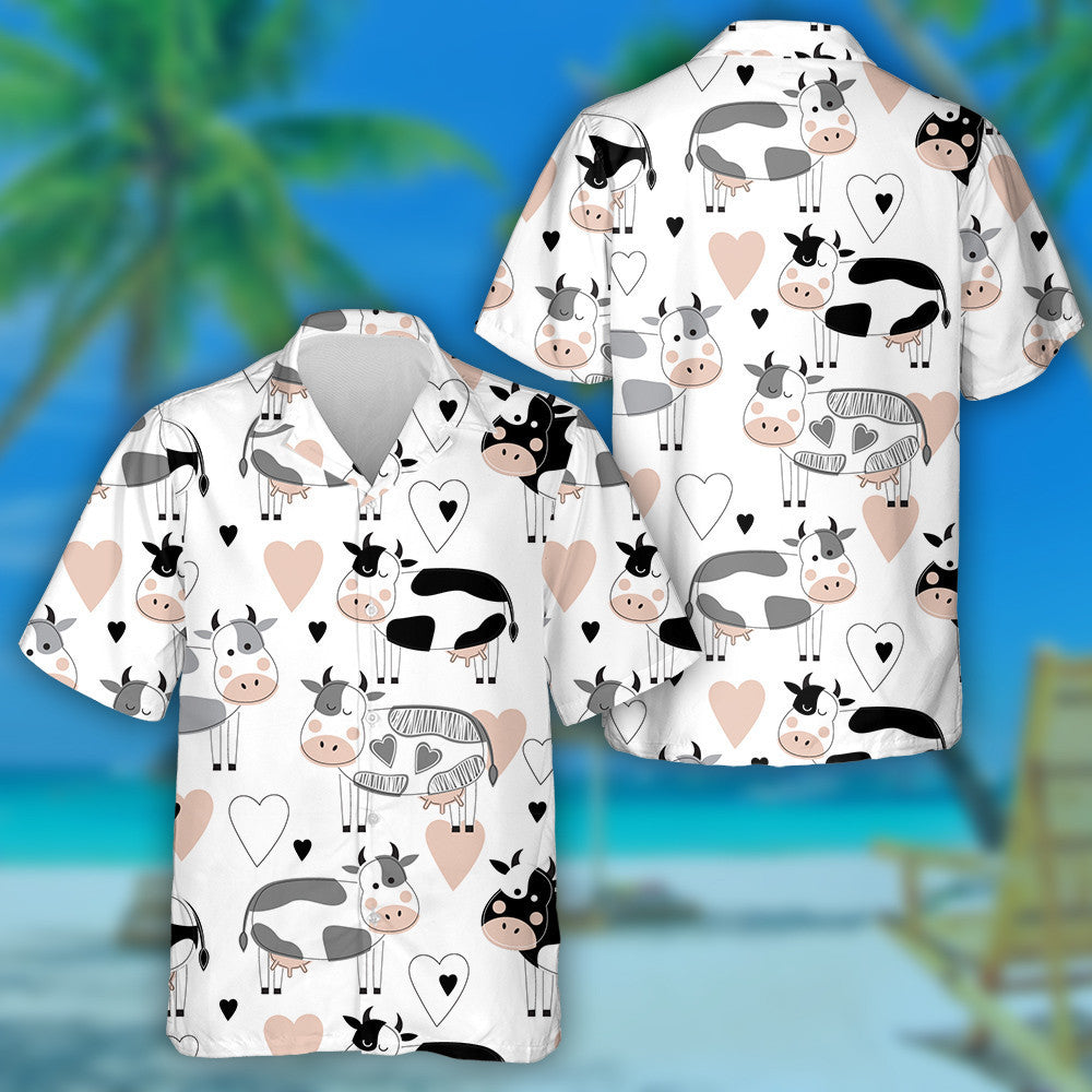 Doodle Style Cute Different Cows And Hearts Hawaiian Shirt, Hawaiian Shirt Gift, Christmas Gift