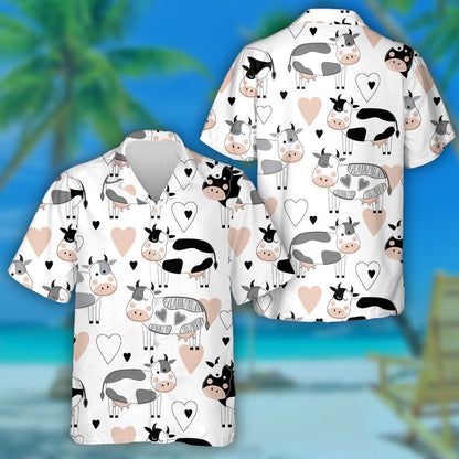 Doodle Style Cute Different Cows And Hearts Hawaiian Shirt, Hawaiian Shirt Gift, Christmas Gift