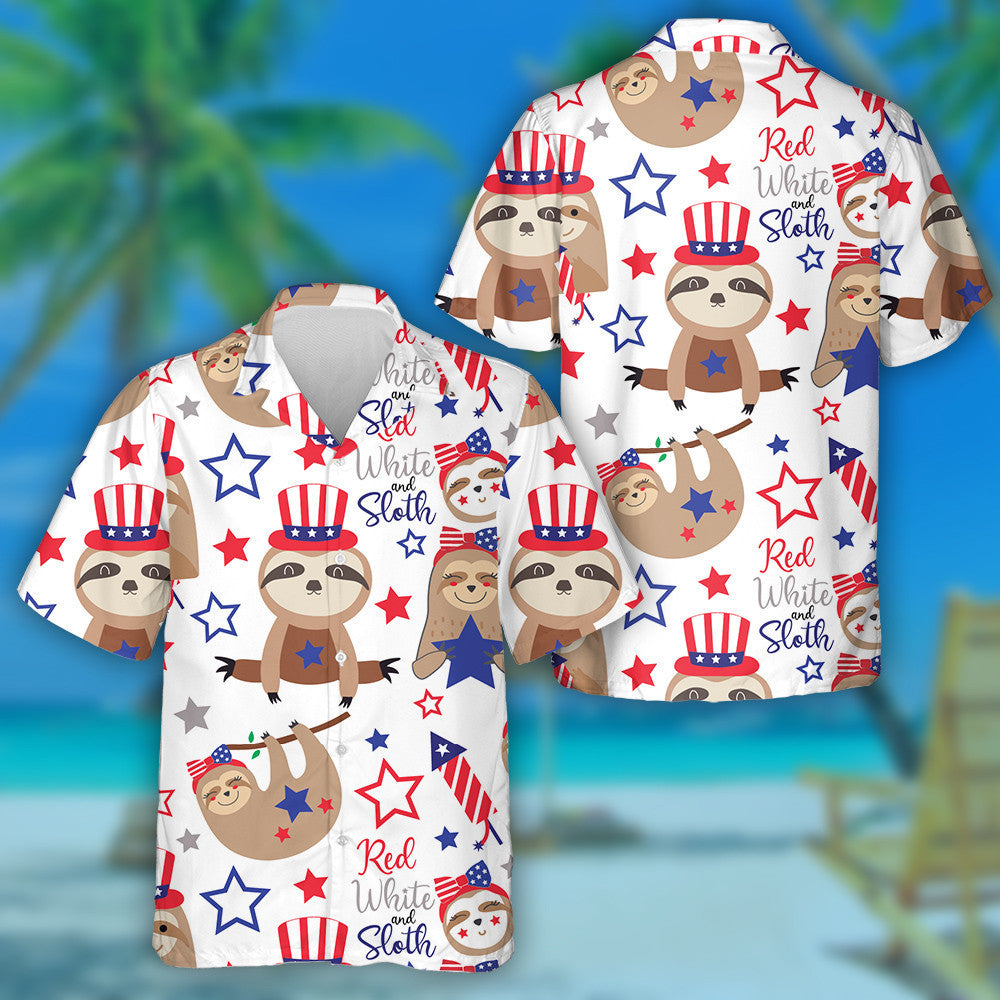 Patriotic Cartoon Sloth Bears Star Independence Day Hawaiian Shirt, Hawaiian Shirt Gift, Christmas Gift