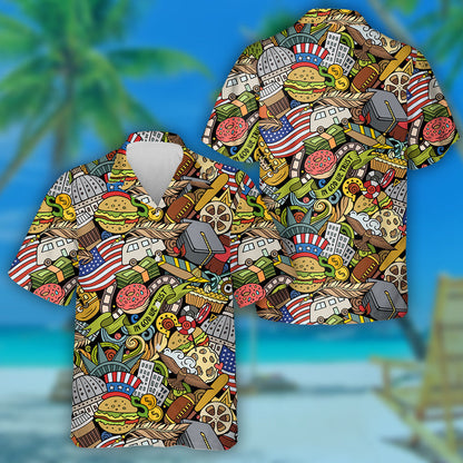 Cúlra Doodles Cartúin le Siombailí agus Míreanna Cultúir Mheiriceánaigh Léine Haváís, Bronntanas Léine Haváíais, Bronntanas Nollag