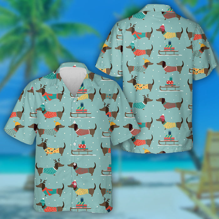 Christmas Dachshund Wearing Hats And Clothes Hawaiian Shirt, Hawaiian Shirt Gift, Christmas Gift.