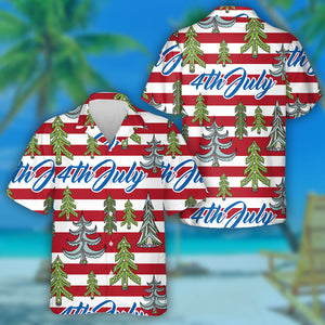 4th Of July Independence Day American Flag Texture Pattern With Christmas Trees Hawaiian Shirt,Hawaiian Shirt Gift,Christmas Gift