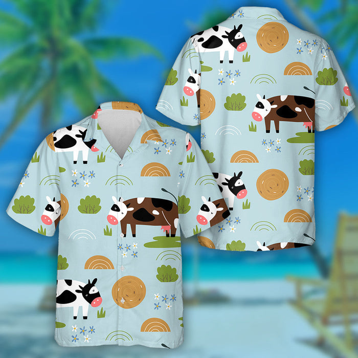 Background With Funny Cows And Haystacks Hawaiian Shirt, Hawaiian For Gift