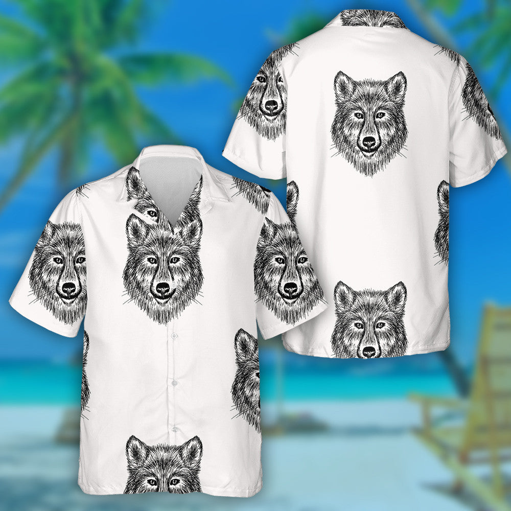 Sketch Realistic Face Wolf In Doodle Style Hawaiian Shirt, Hawaiian Shirt Gift, Christmas Gift