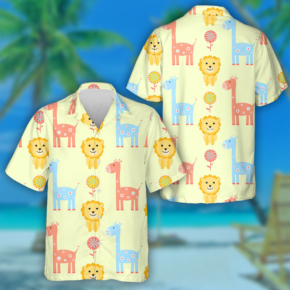 Colorful Cute Giraffe And Lion With Flower Hawaiian Shirt, Hawaiian Shirt Gift, Christmas Gift